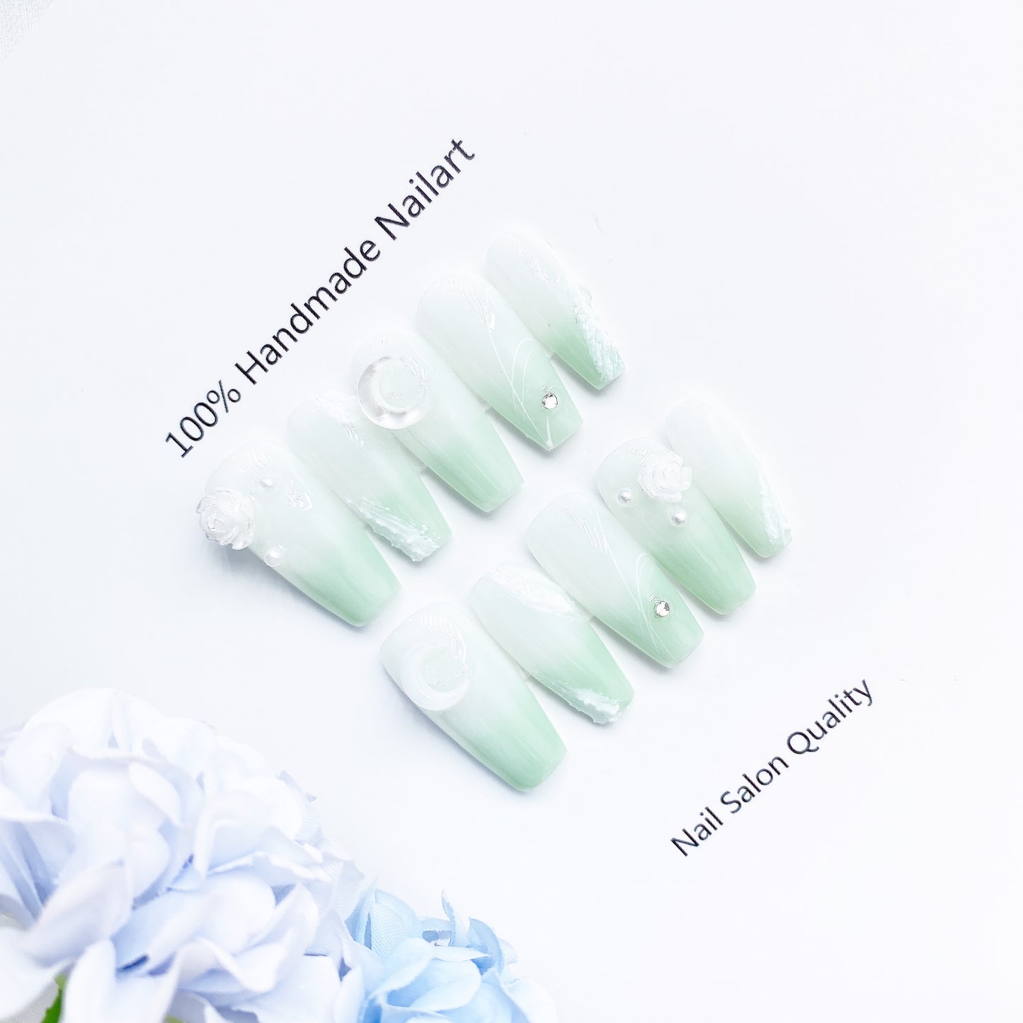 Handmade Nails Press on Nails DIY Nail Art for Woman Girl Nail Design Long Coffin Whitew Green 2023