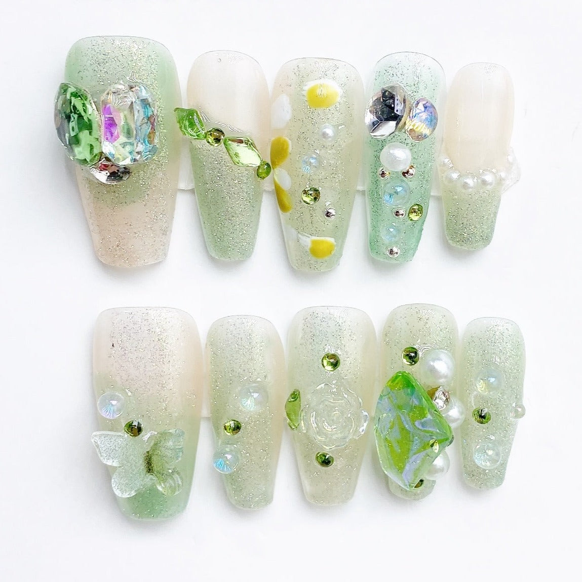 Handmade Nails Press on Nails DIY Nail Art for Woman Girl Nail Design Long Coffin Green 2023