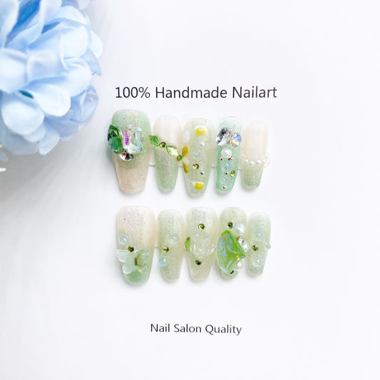 Handmade Nails Press on Nails DIY Nail Art for Woman Girl Nail Design Long Coffin Green 2023