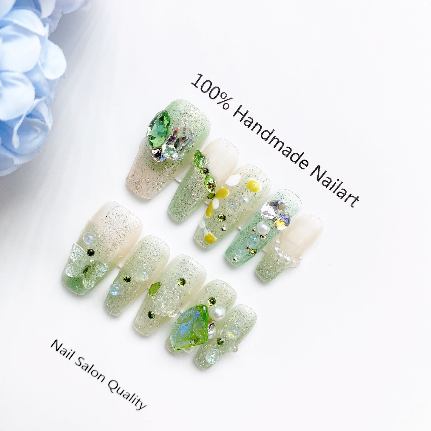 Handmade Nails Press on Nails DIY Nail Art for Woman Girl Nail Design Long Coffin Green 2023