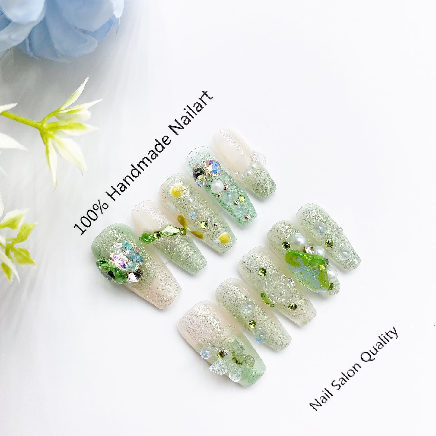 Handmade Nails Press on Nails DIY Nail Art for Woman Girl Nail Design Long Coffin Green 2023