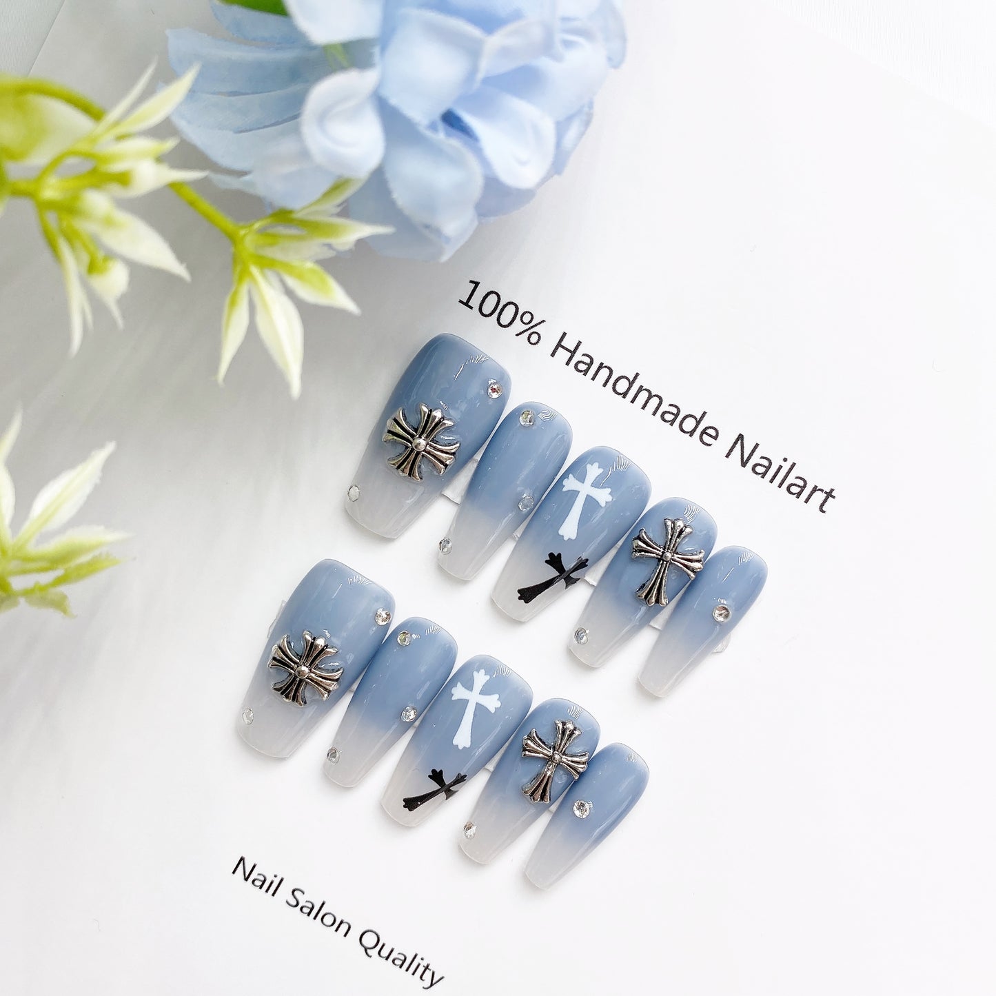 Handmade Nails Press on Nails DIY Nail Art for Woman Girl Nail Design Long Coffin Blue 2023