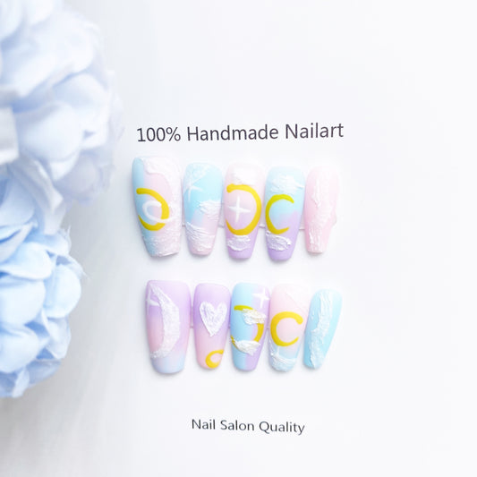 Handmade Nails Press on Nails DIY Nail Art for Woman Girl Nail Design Long Coffin Pink & Blue 2023