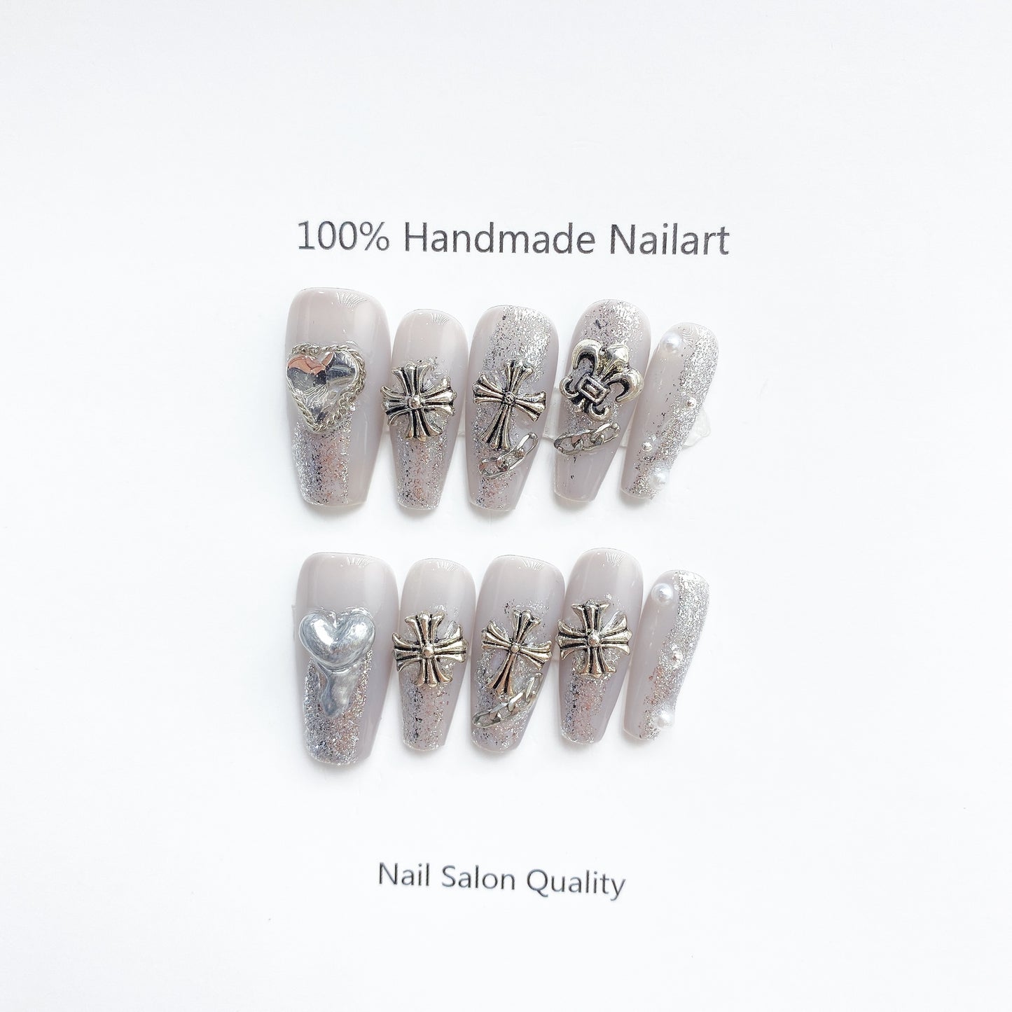 Handmade Nails Press on Nails DIY Nail Art for Woman Girl Nail Design Long Coffin Silver 2023