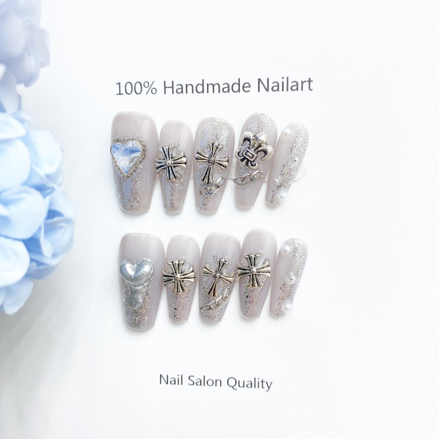 Handmade Nails Press on Nails DIY Nail Art for Woman Girl Nail Design Long Coffin Silver 2023