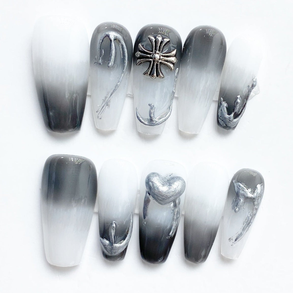 Handmade Nails Press on Nails DIY Nail Art for Woman Girl Nail Design Long Coffin White Black 2023