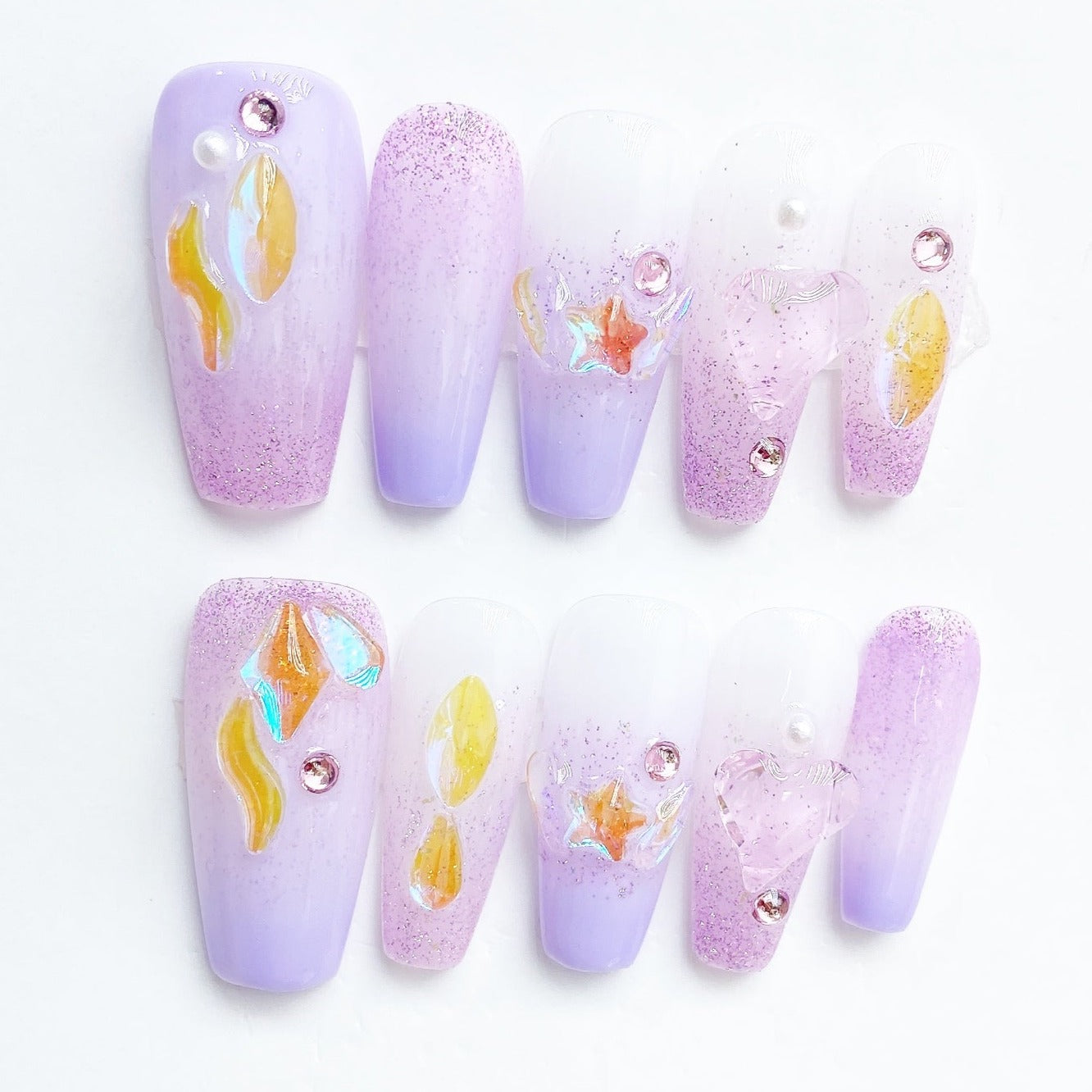 Handmade Nails Press on Nails DIY Nail Art for Woman Girl Nail Design Long Coffin Purple White 2023