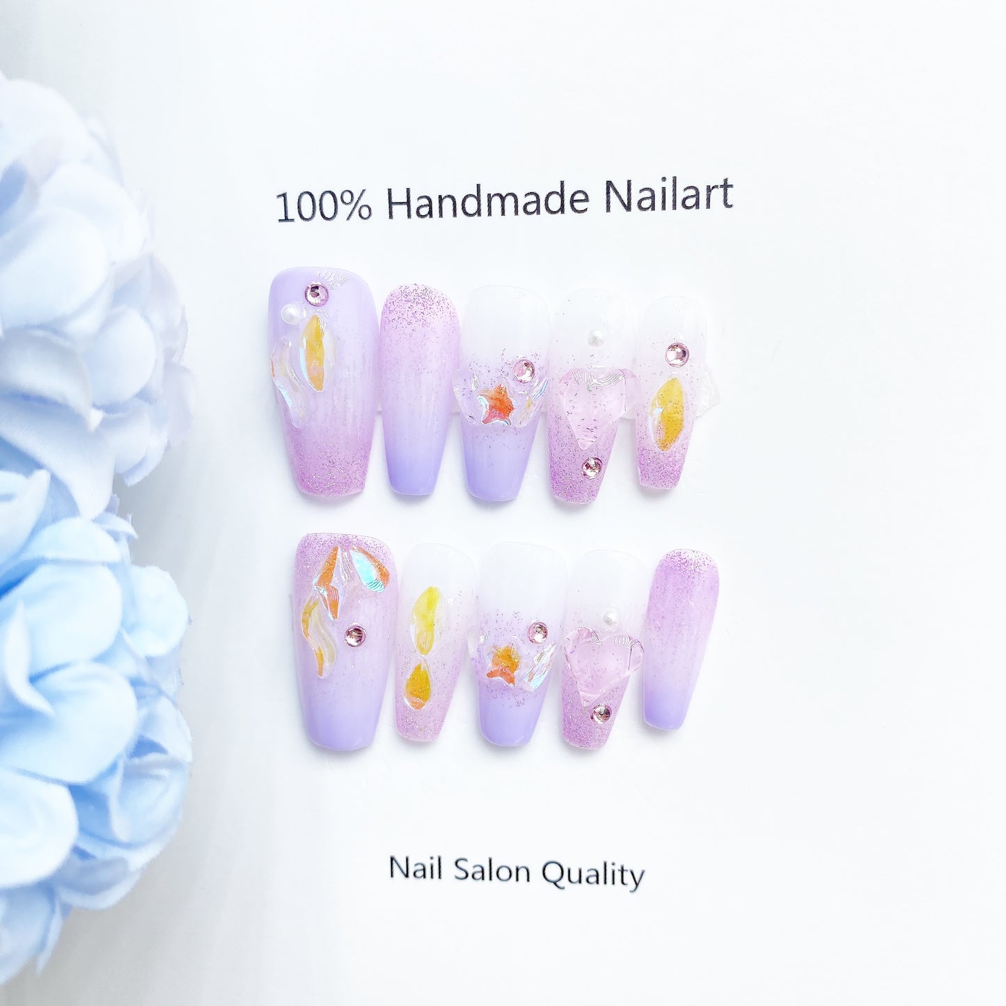 Handmade Nails Press on Nails DIY Nail Art for Woman Girl Nail Design Long Coffin Purple White 2023