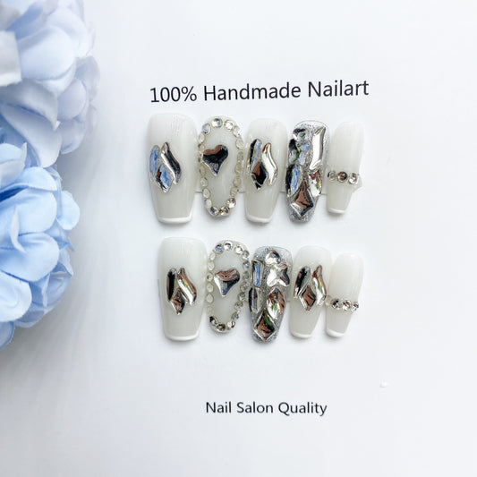 Handmade Nails Press on Nails DIY Nail Art for Woman Girl Nail Design Long Coffin White 2023