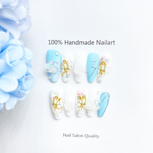 Handmade Nails Press on Nails DIY Nail Art for Woman Girl Nail Design Long Coffin Blue 2023