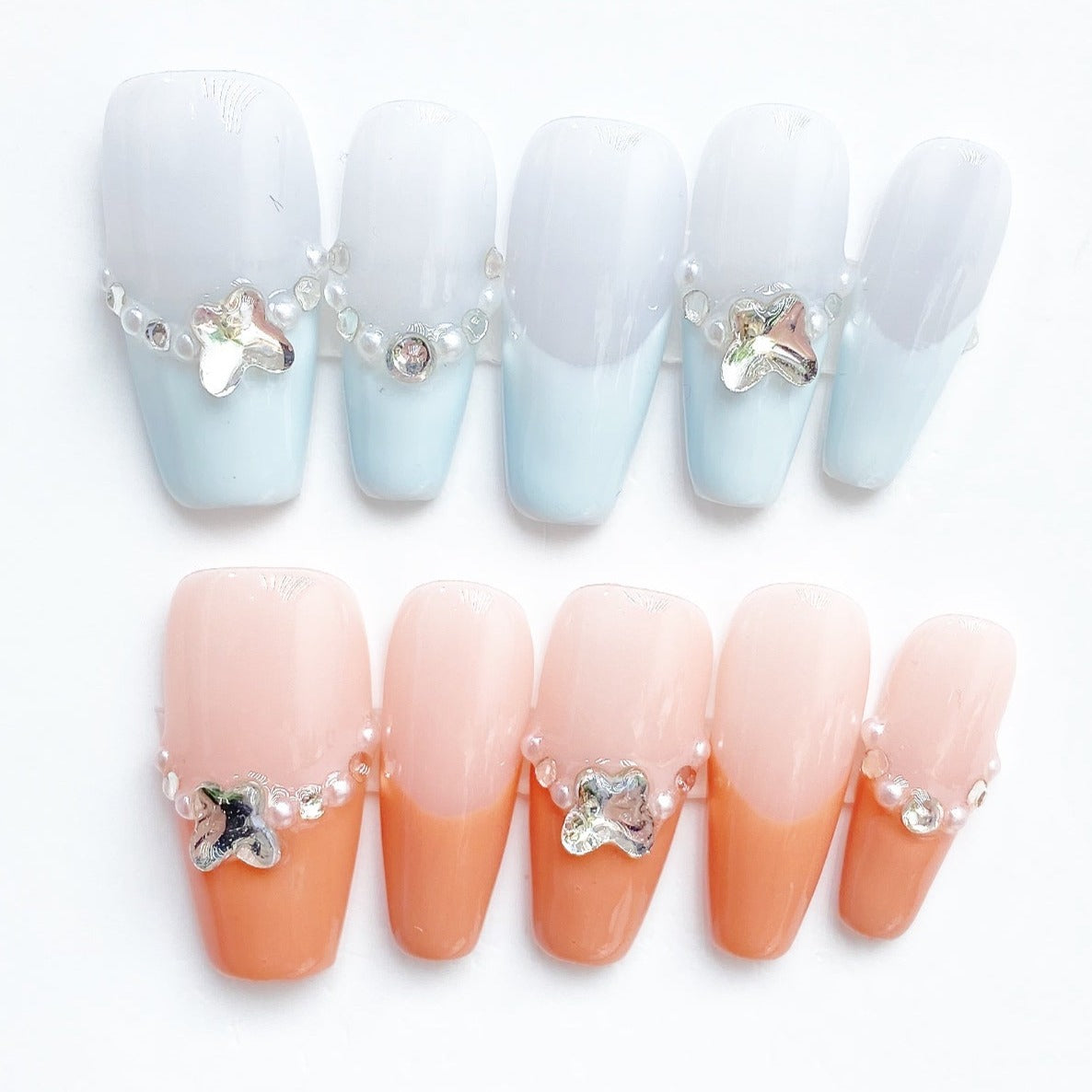 Handmade Nails Press on Nails DIY Nail Art for Woman Girl Nail Design Long Coffin Blue & Orange 2023