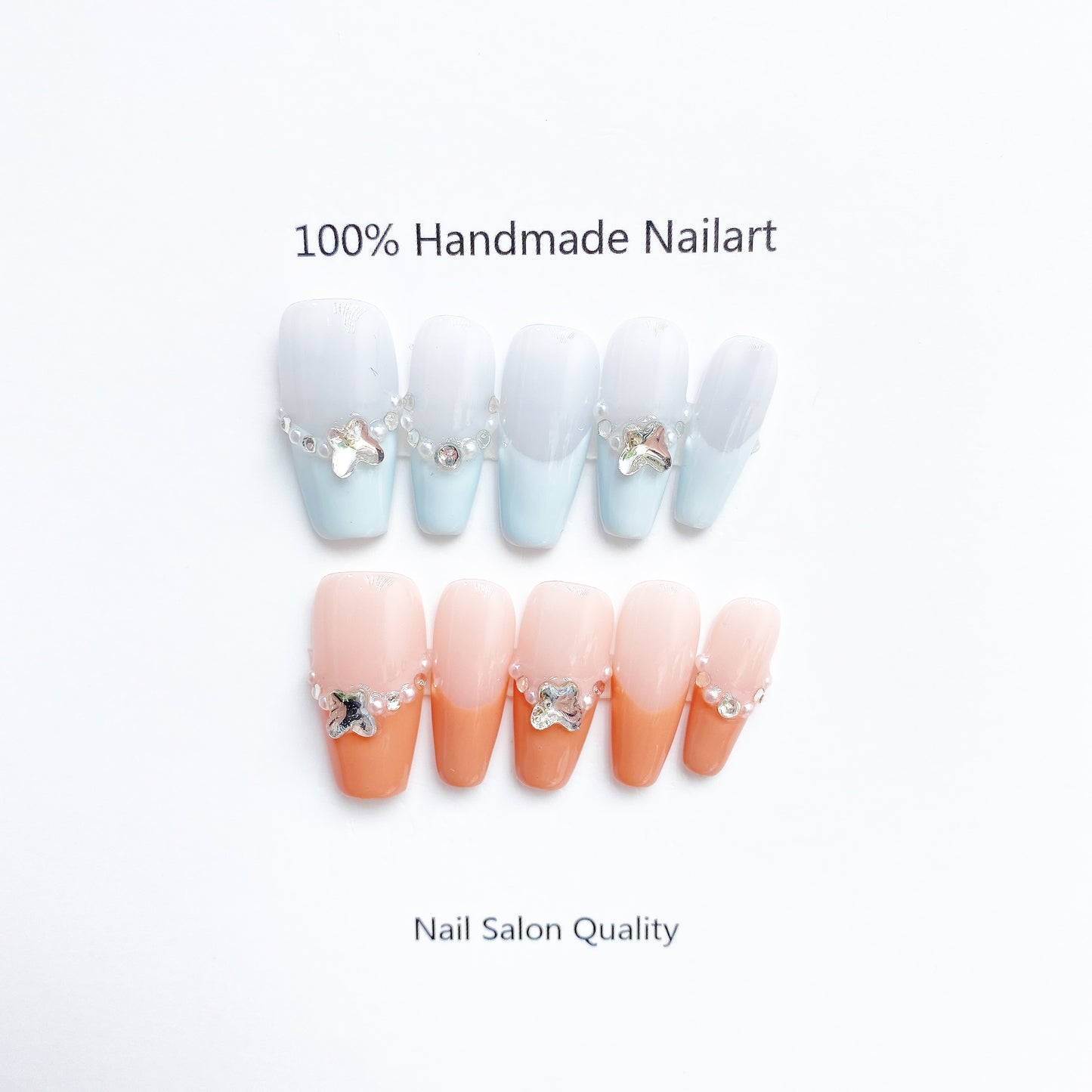 Handmade Nails Press on Nails DIY Nail Art for Woman Girl Nail Design Long Coffin Blue & Orange 2023