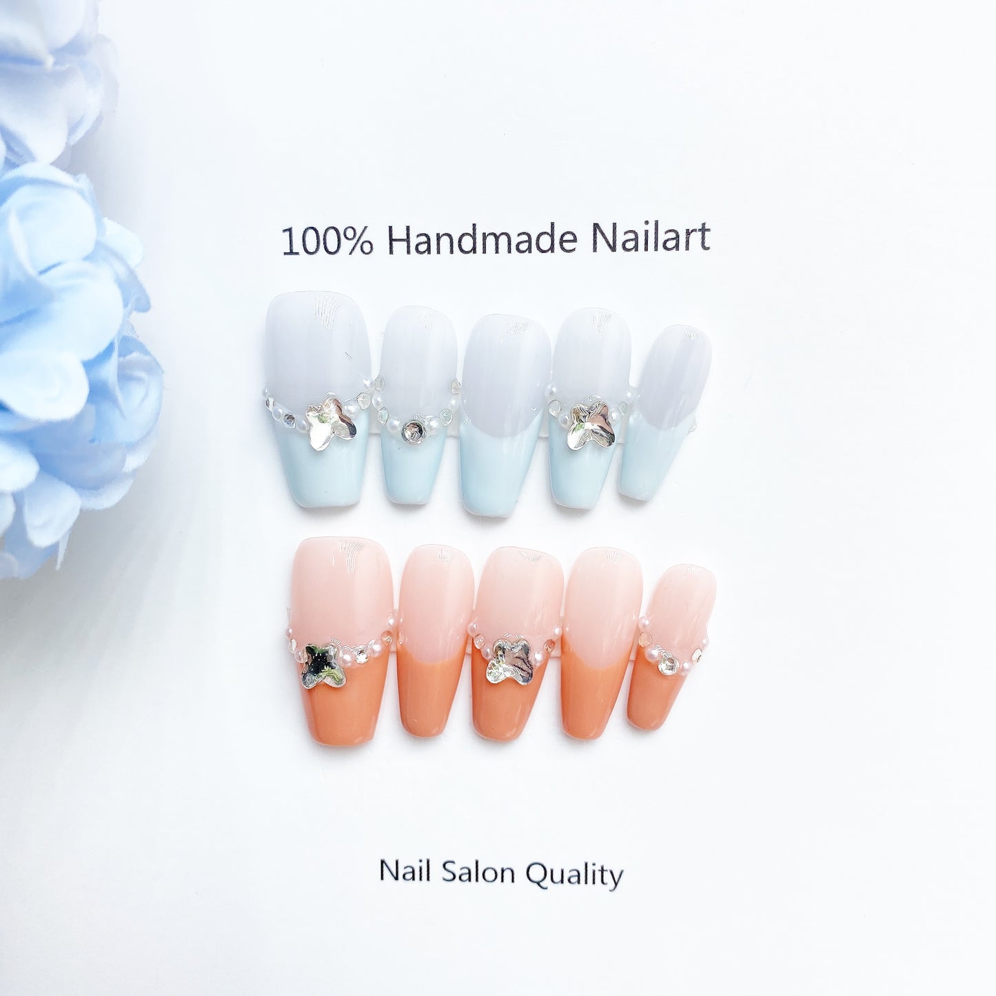 Handmade Nails Press on Nails DIY Nail Art for Woman Girl Nail Design Long Coffin Blue & Orange 2023