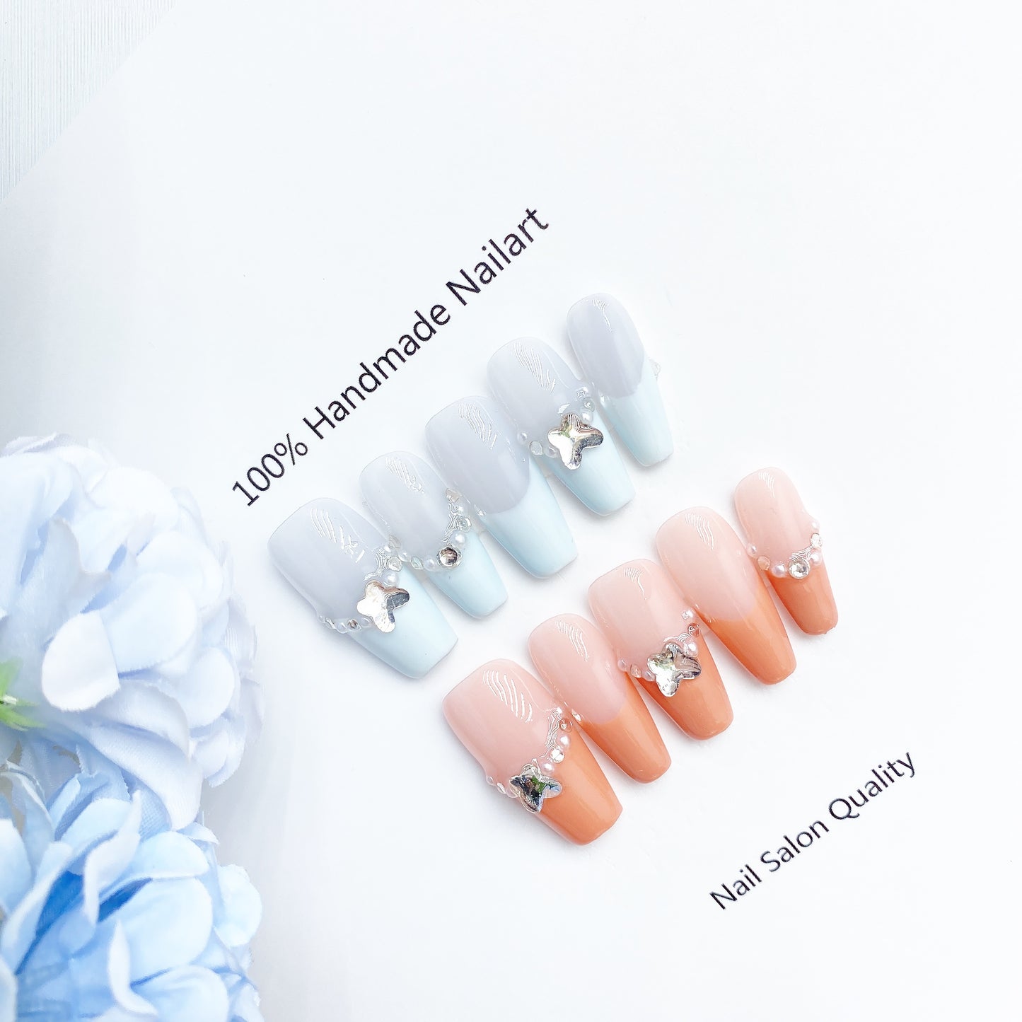 Handmade Nails Press on Nails DIY Nail Art for Woman Girl Nail Design Long Coffin Blue & Orange 2023