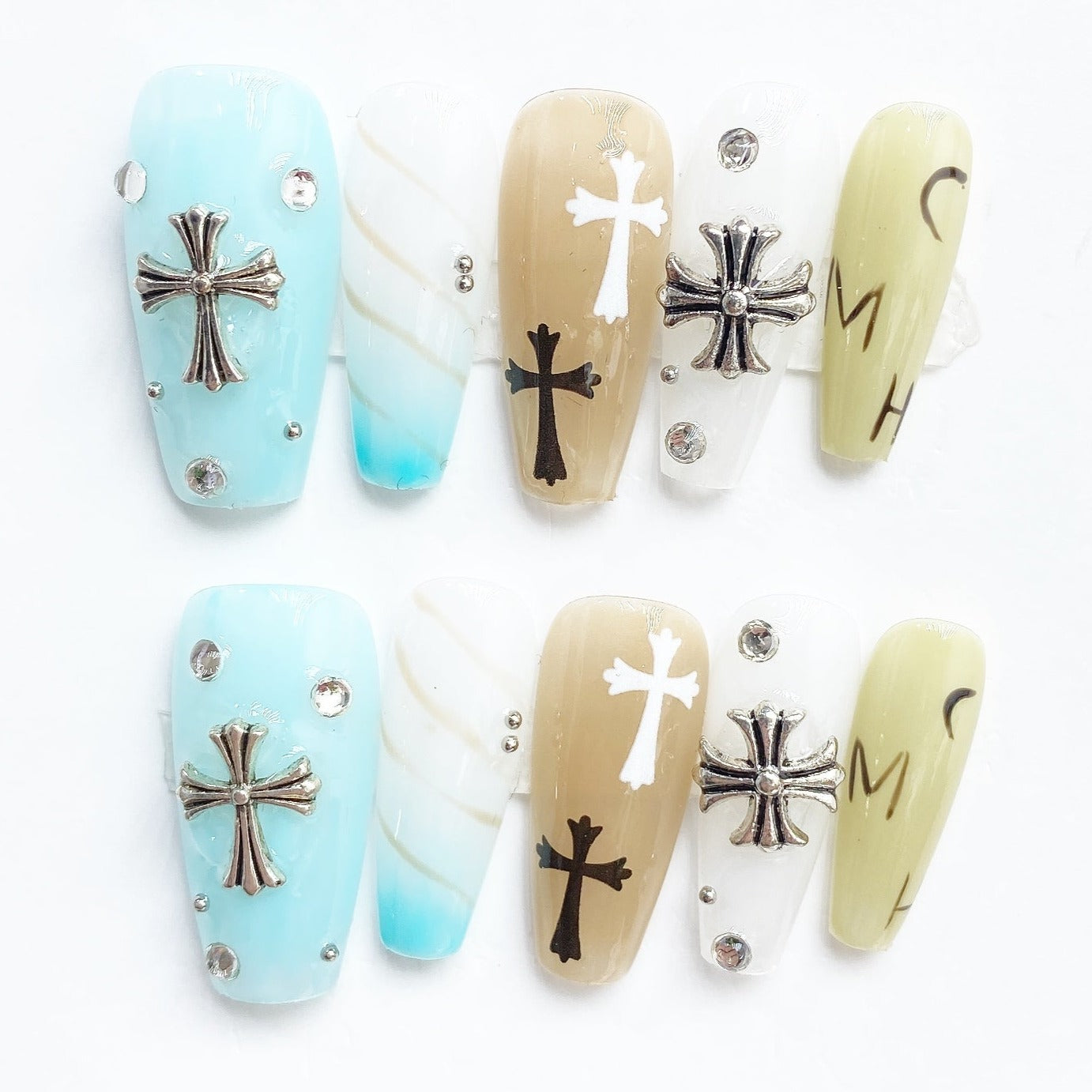 Handmade Nails Press on Nails DIY Nail Art for Woman Girl Nail Design Long Coffin Blue White 2023