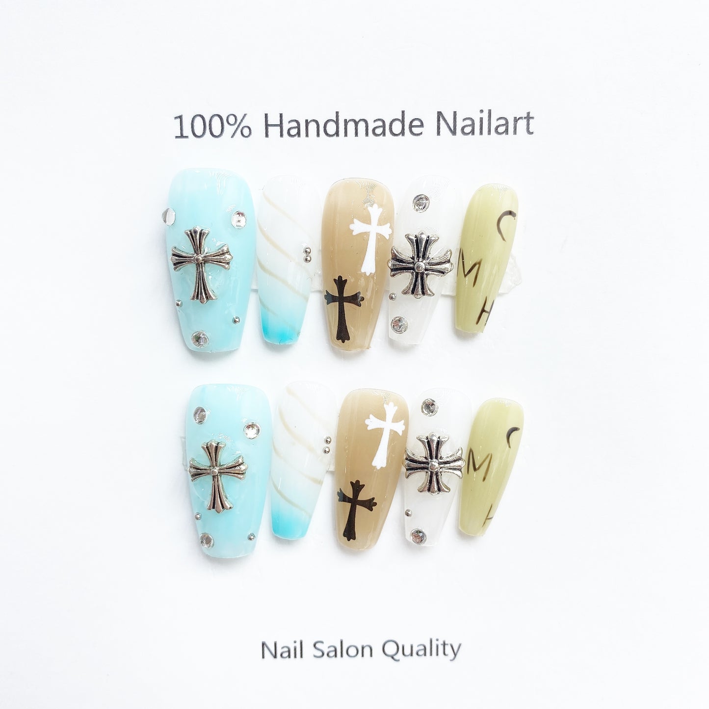 Handmade Nails Press on Nails DIY Nail Art for Woman Girl Nail Design Long Coffin Blue White 2023