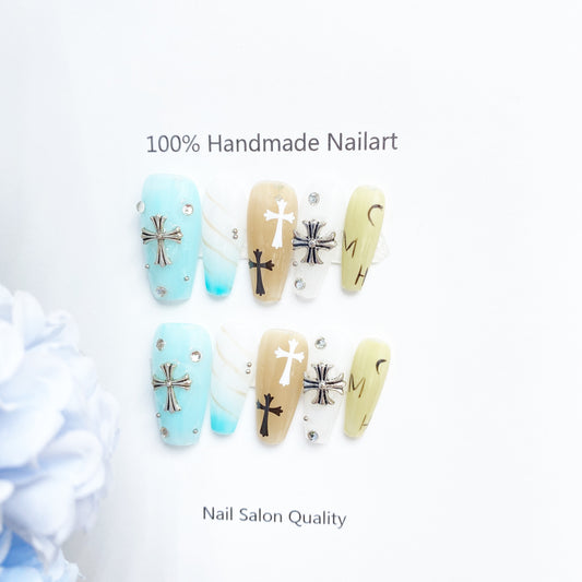 Handmade Nails Press on Nails DIY Nail Art for Woman Girl Nail Design Long Coffin Blue White 2023