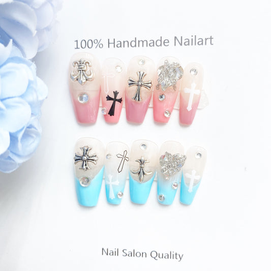 Handmade Nails Press on Nails DIY Nail Art for Woman Girl Nail Design Long Coffin Pink & Blue 2023