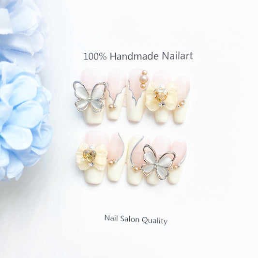 Handmade Nails Press on Nails DIY Nail Art for Woman Girl Nail Design Long Coffin Pink White Butterfly  2023