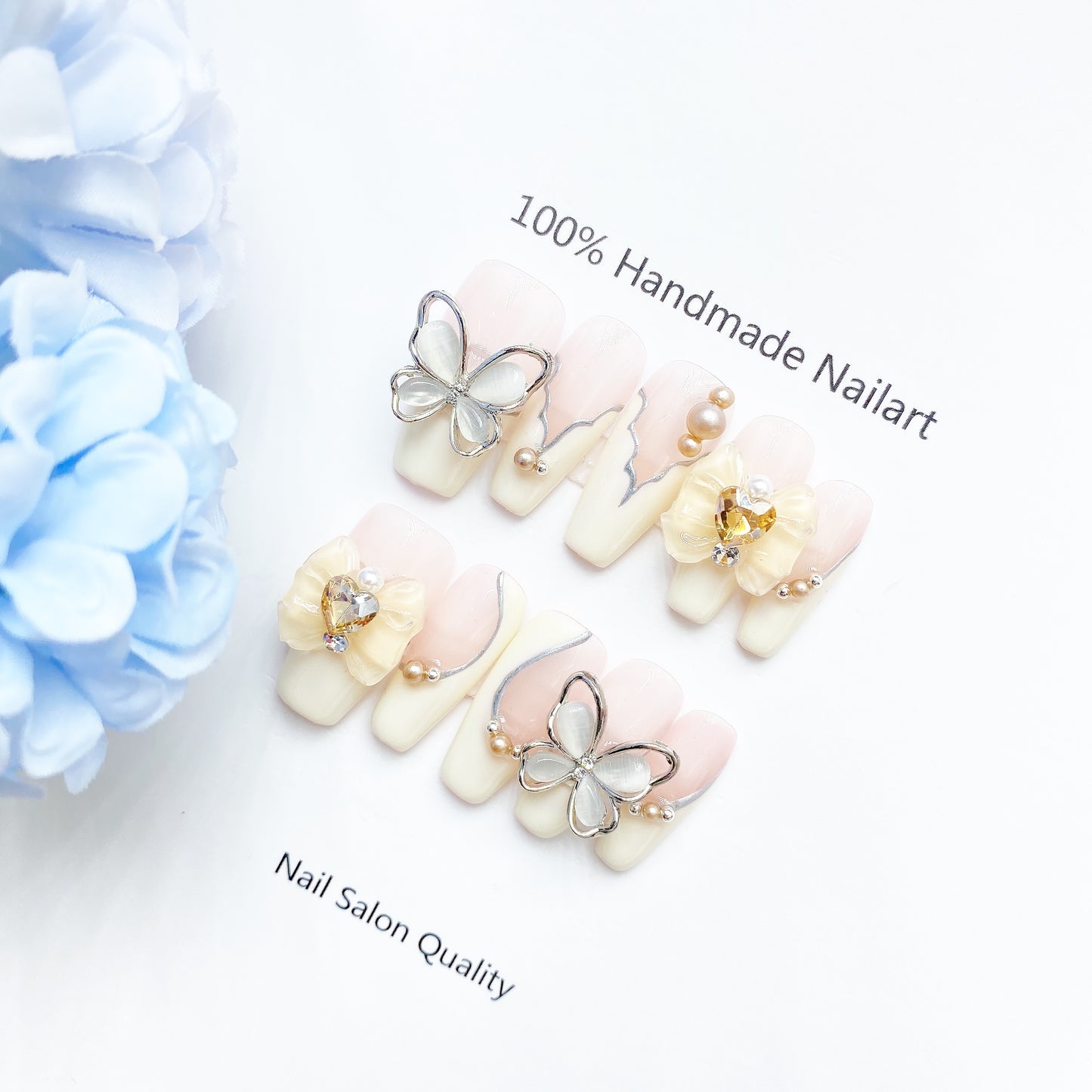 Handmade Nails Press on Nails DIY Nail Art for Woman Girl Nail Design Long Coffin Pink White Butterfly  2023