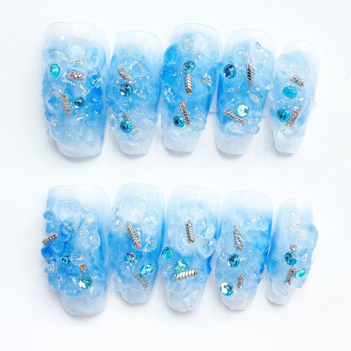 Handmade Nails Press on Nails DIY Nail Art for Woman Girl Nail Design Long Coffin Blue 2023