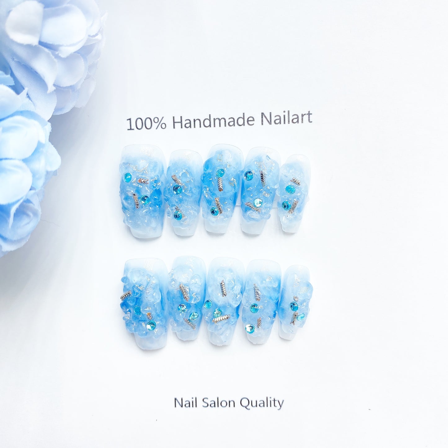 Handmade Nails Press on Nails DIY Nail Art for Woman Girl Nail Design Long Coffin Blue 2023