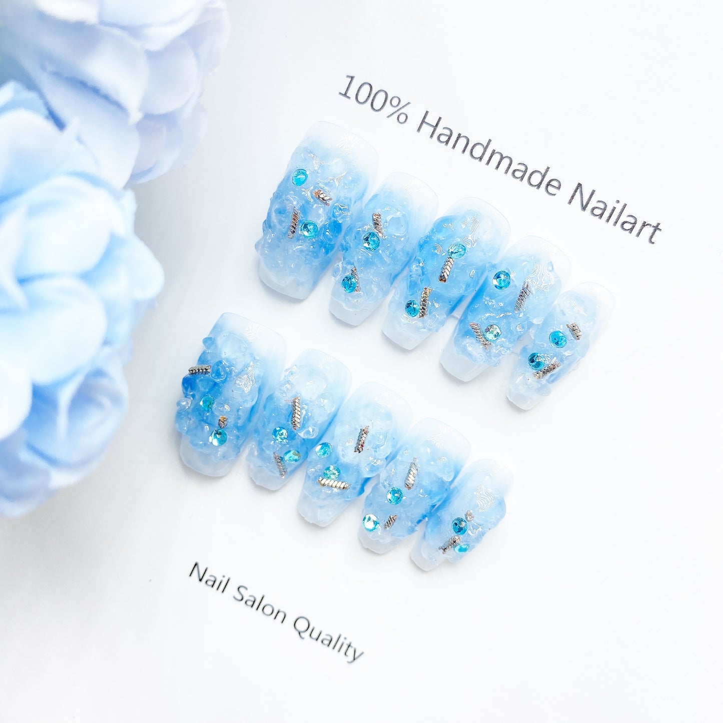 Handmade Nails Press on Nails DIY Nail Art for Woman Girl Nail Design Long Coffin Blue 2023