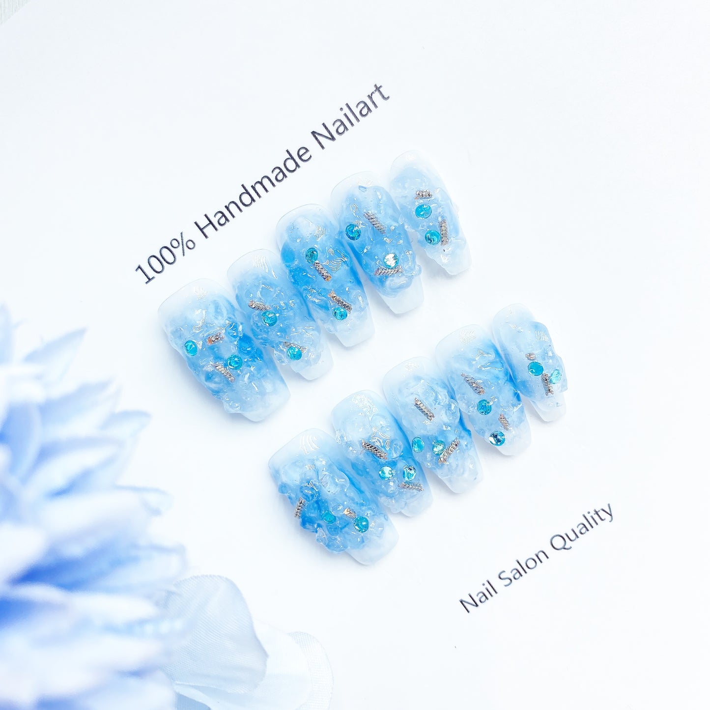 Handmade Nails Press on Nails DIY Nail Art for Woman Girl Nail Design Long Coffin Blue 2023