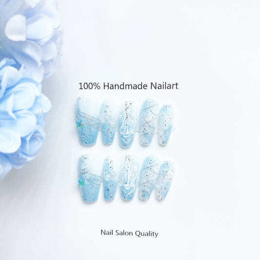 Handmade Nails Press on Nails DIY Nail Art for Woman Girl Nail Design Long Coffin Blue 2023