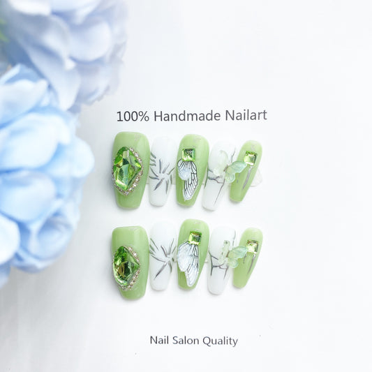 Handmade Nails Press on Nails DIY Nail Art for Woman Girl Nail Design Long Coffin Green 2023