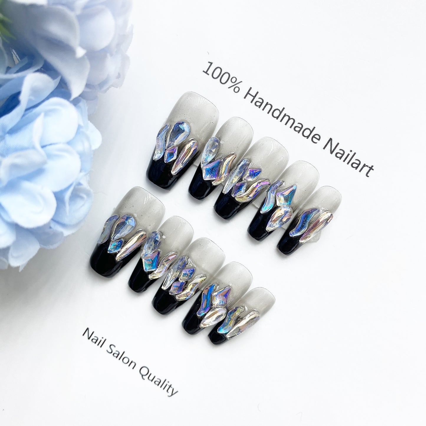 Handmade Nails Press on Nails DIY Nail Art for Woman Girl Nail Design Long Coffin Transparent Black 2023