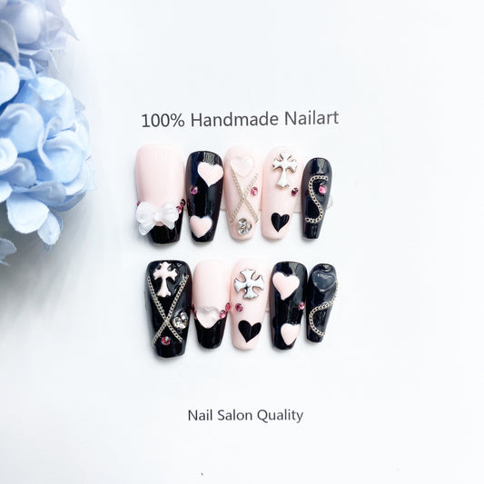 Handmade Nails Press on Nails DIY Nail Art for Woman Girl Nail Design Long Coffin Black Pink 2023