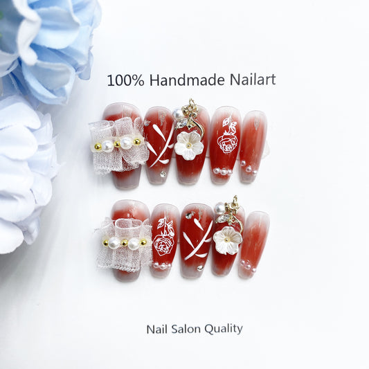 Handmade Nails Press on Nails DIY Nail Art for Woman Girl Nail Design Long Coffin Red 2023