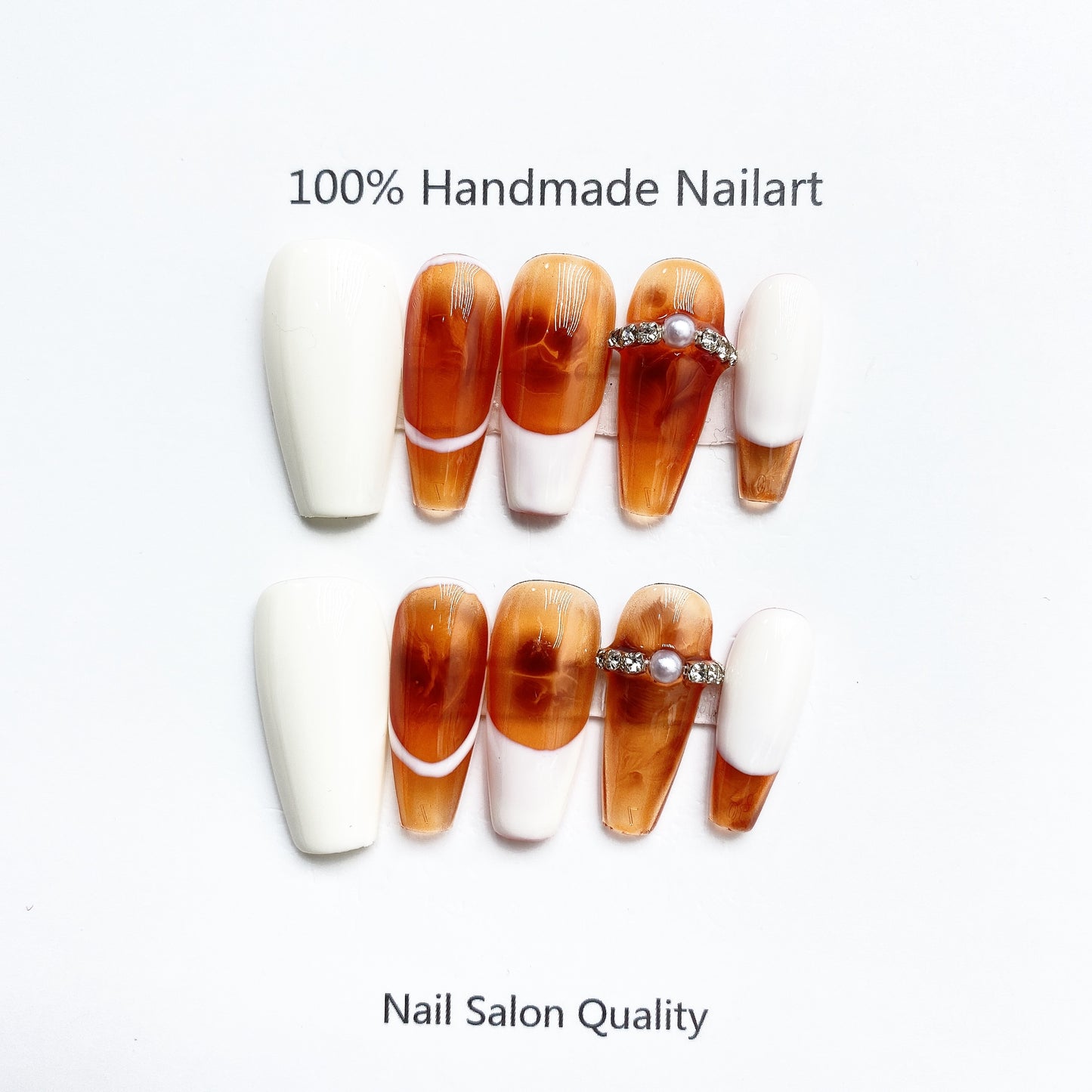 Handmade Nails Press on Nails DIY Nail Art for Woman Girl Nail Design Long Coffin White Orange 2023