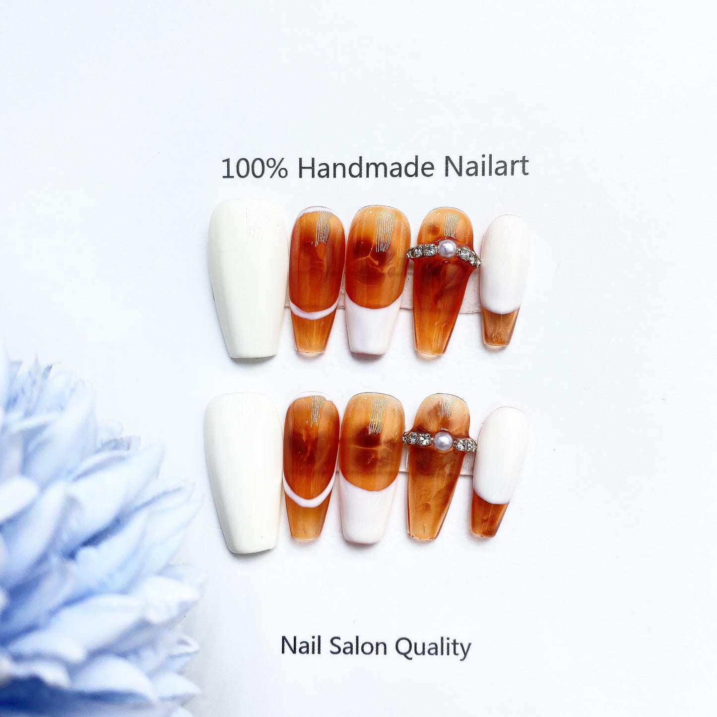 Handmade Nails Press on Nails DIY Nail Art for Woman Girl Nail Design Long Coffin White Orange 2023