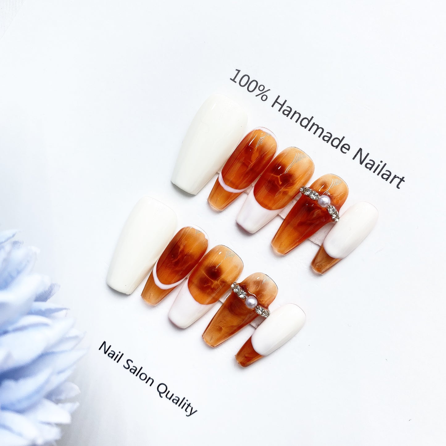 Handmade Nails Press on Nails DIY Nail Art for Woman Girl Nail Design Long Coffin White Orange 2023