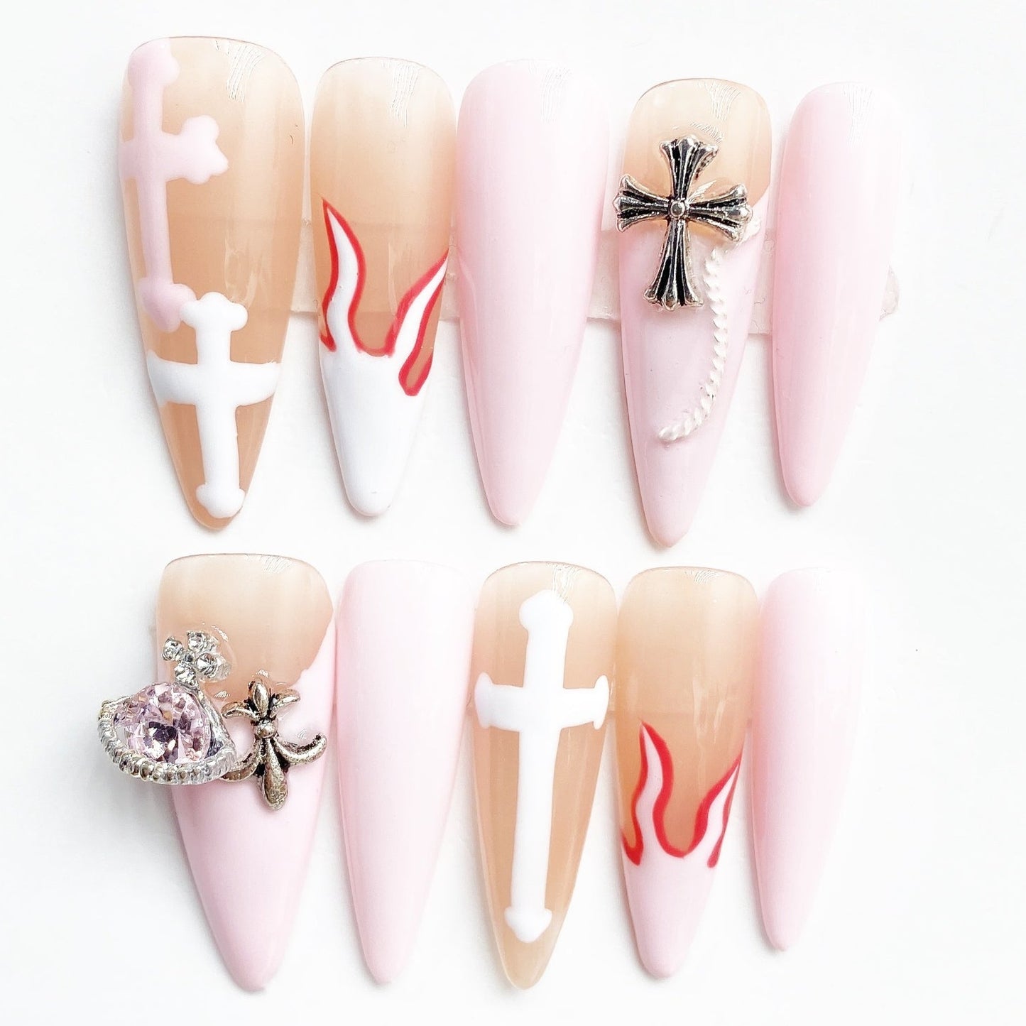 Handmade Nails Press on Nails DIY Nail Art for Woman Girl Nail Design Long Coffin White Pink 2023