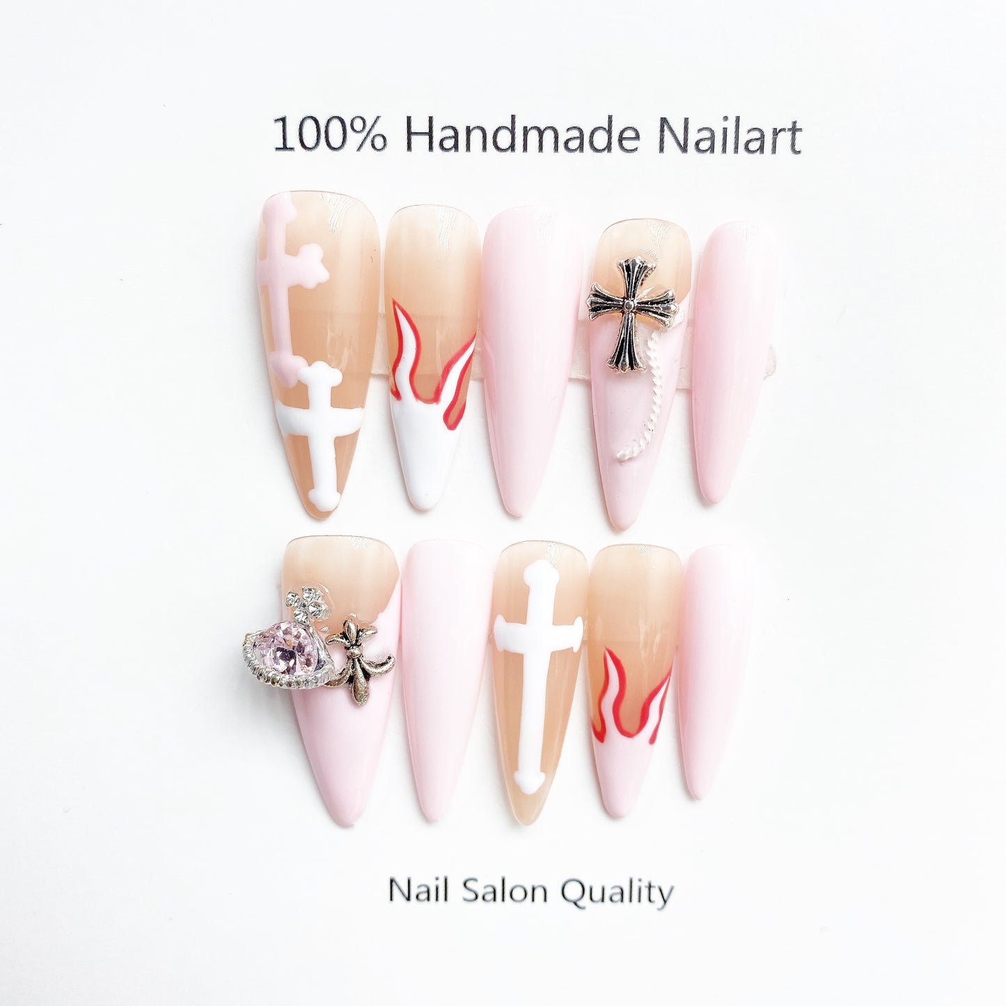 Handmade Nails Press on Nails DIY Nail Art for Woman Girl Nail Design Long Coffin White Pink 2023