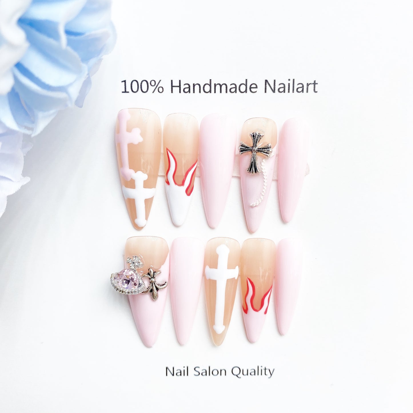 Handmade Nails Press on Nails DIY Nail Art for Woman Girl Nail Design Long Coffin White Pink 2023