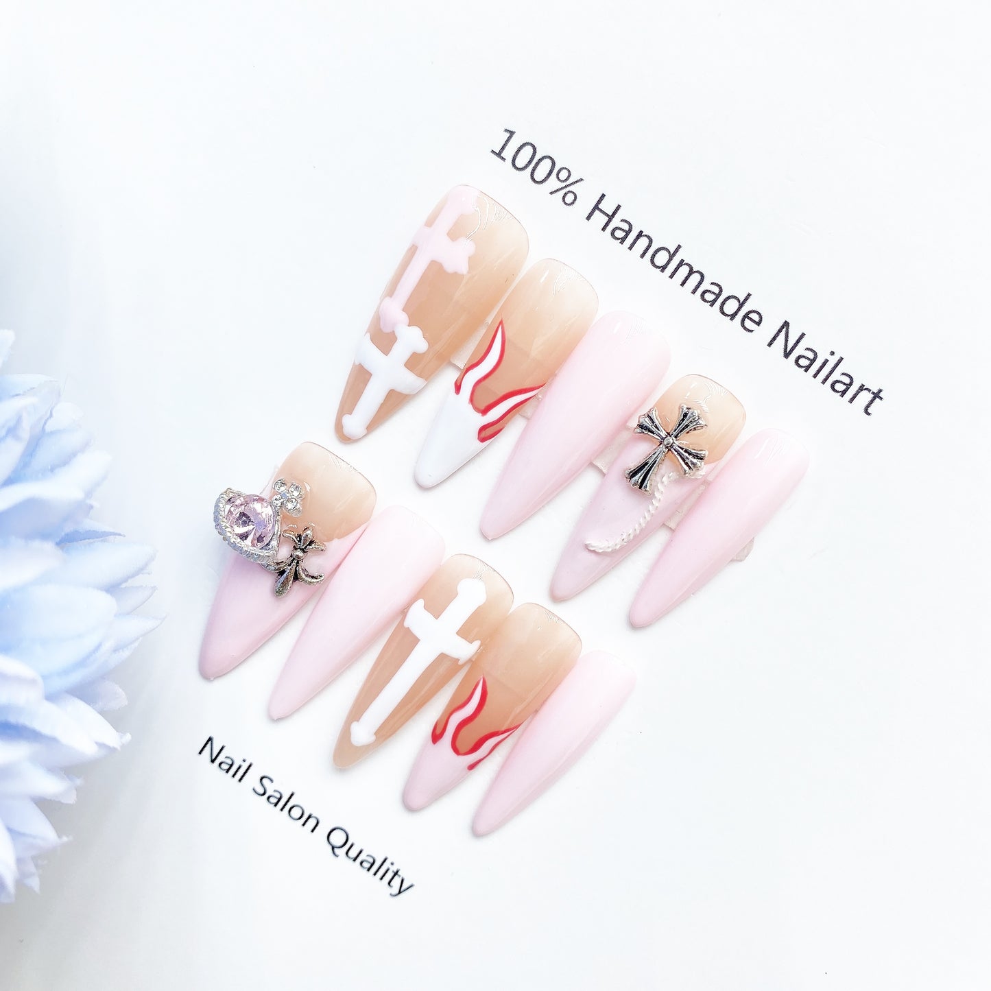 Handmade Nails Press on Nails DIY Nail Art for Woman Girl Nail Design Long Coffin White Pink 2023