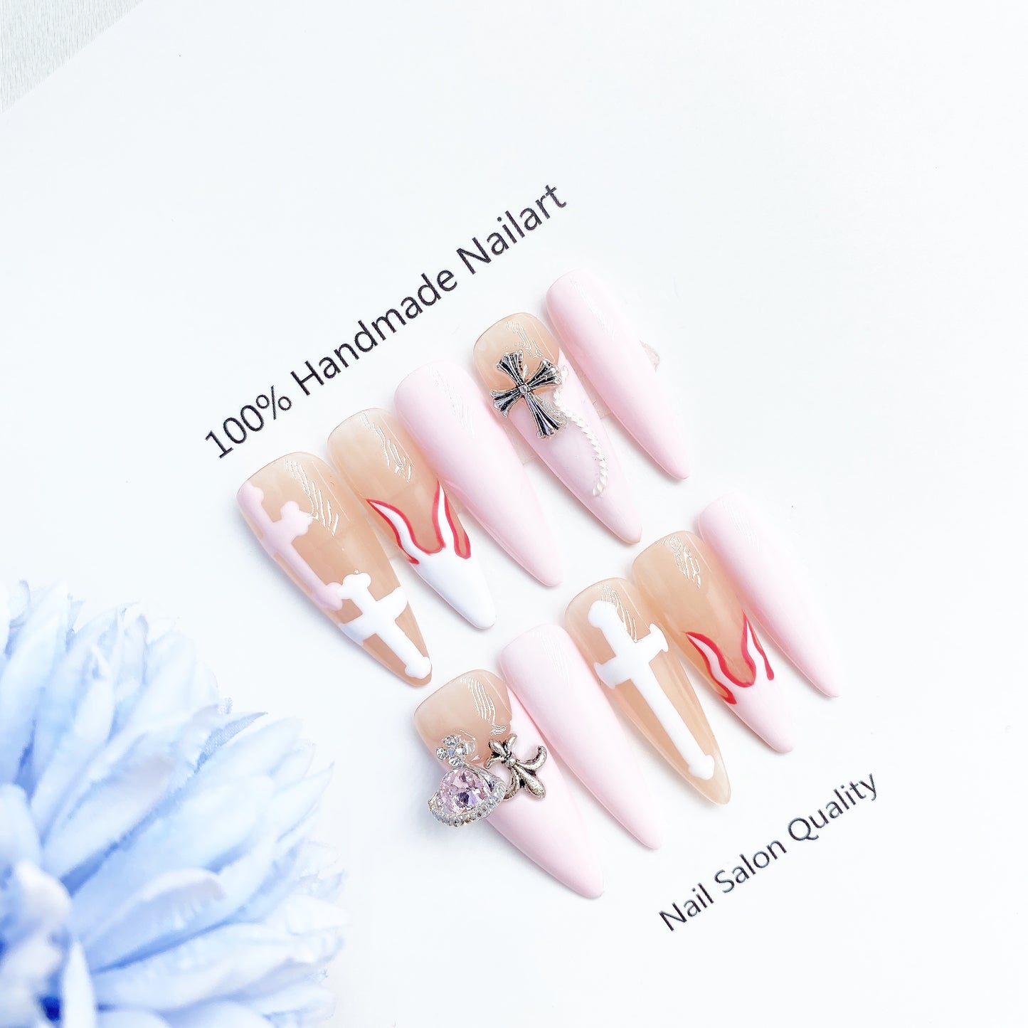 Handmade Nails Press on Nails DIY Nail Art for Woman Girl Nail Design Long Coffin White Pink 2023