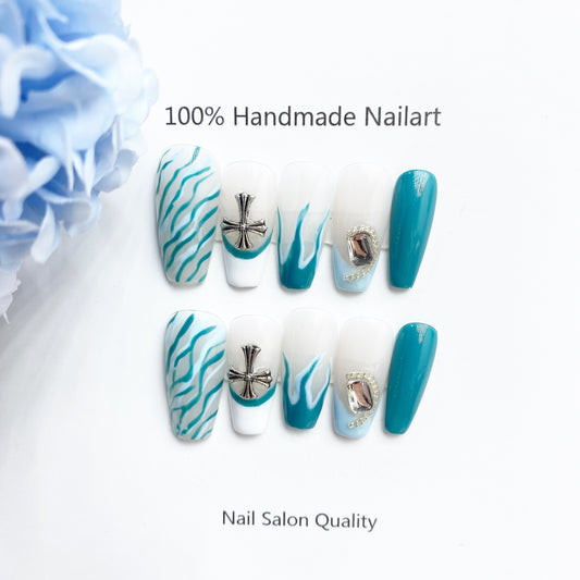 Handmade Nails Press on Nails DIY Nail Art for Woman Girl Nail Design Long Coffin Blue 2023