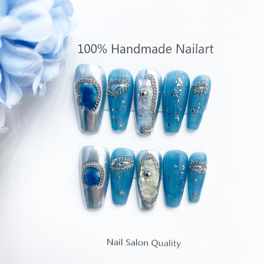 Handmade Nails Press on Nails DIY Nail Art for Woman Girl Nail Design Long Coffin Blue 2023