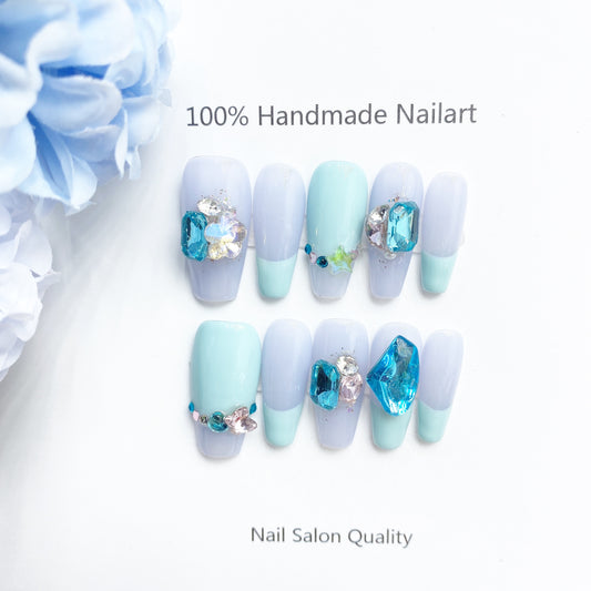 Handmade Nails Press on Nails DIY Nail Art for Woman Girl Nail Design Long Coffin Blue 2023