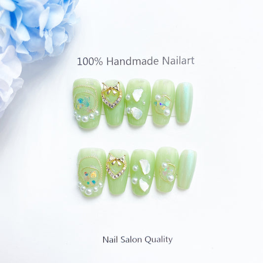 Handmade Nails Press on Nails DIY Nail Art for Woman Girl Nail Design Long Coffin Green 2023