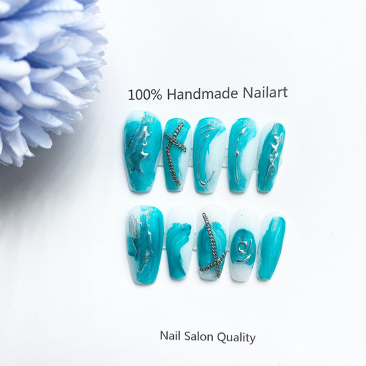 Handmade Nails Press on Nails DIY Nail Art for Woman Girl Nail Design Long Coffin Sky Blue 2023