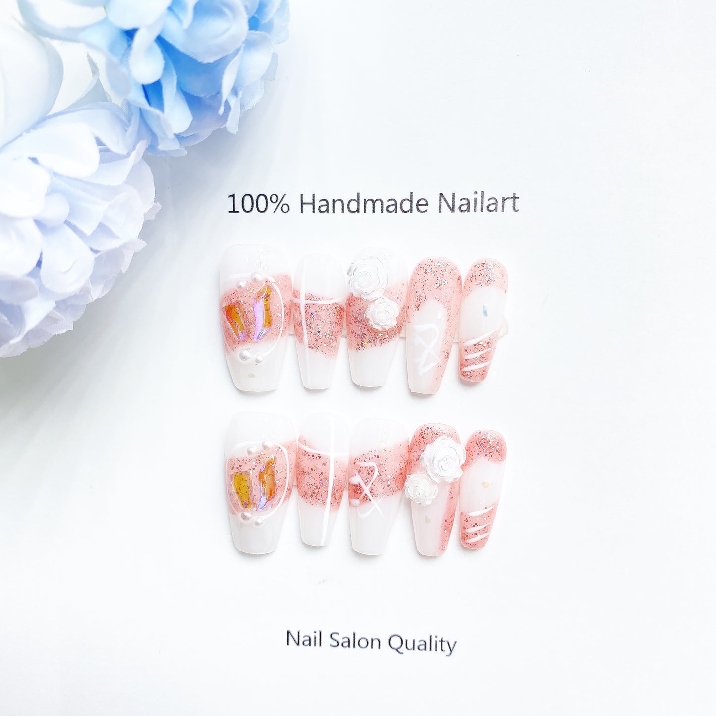 Handmade Nails Press on Nails DIY Nail Art for Woman Girl Nail Design Long Coffin Pink White 2023