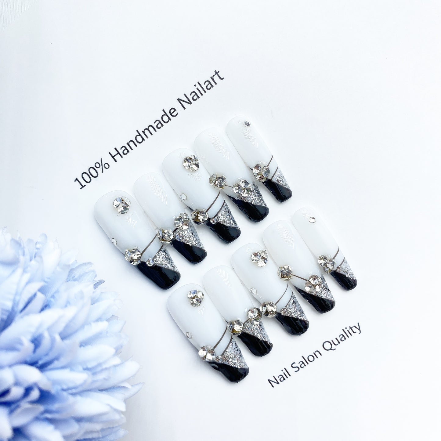 Handmade Nails Press on Nails DIY Nail Art for Woman Girl Nail Design Long Coffin Black White 2023