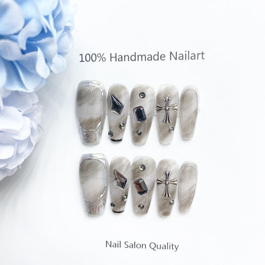 Handmade Nails Press on Nails DIY Nail Art for Woman Girl Nail Design Long Coffin Grey 2023