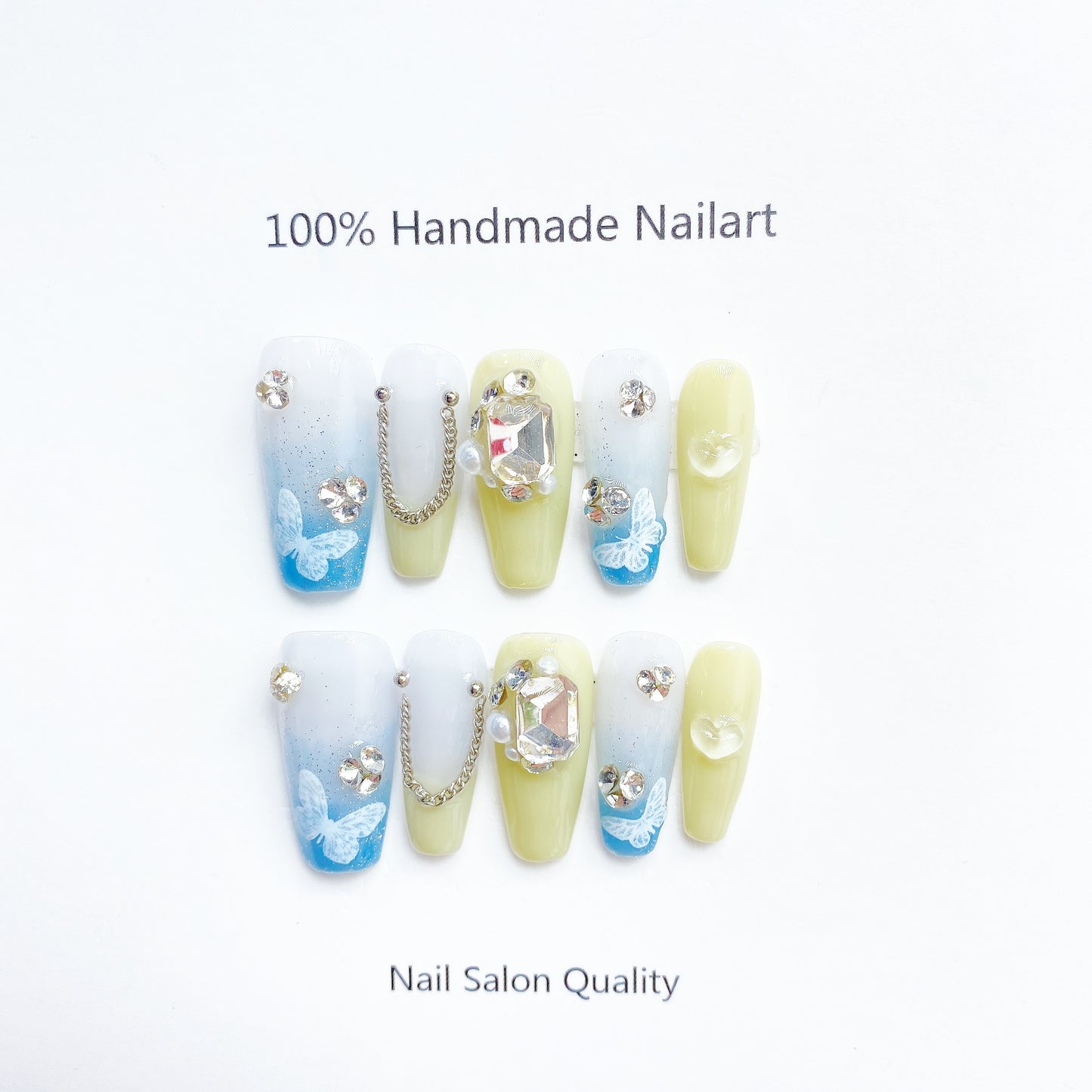 Handmade Nails Press on Nails DIY Nail Art for Woman Girl Nail Design Long Coffin Yellow Blue 2023